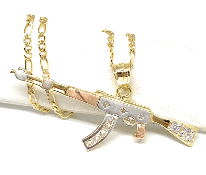 10k Solid Gold Tri-Color CZ Machine Gun AK-47 Pendant Necklace