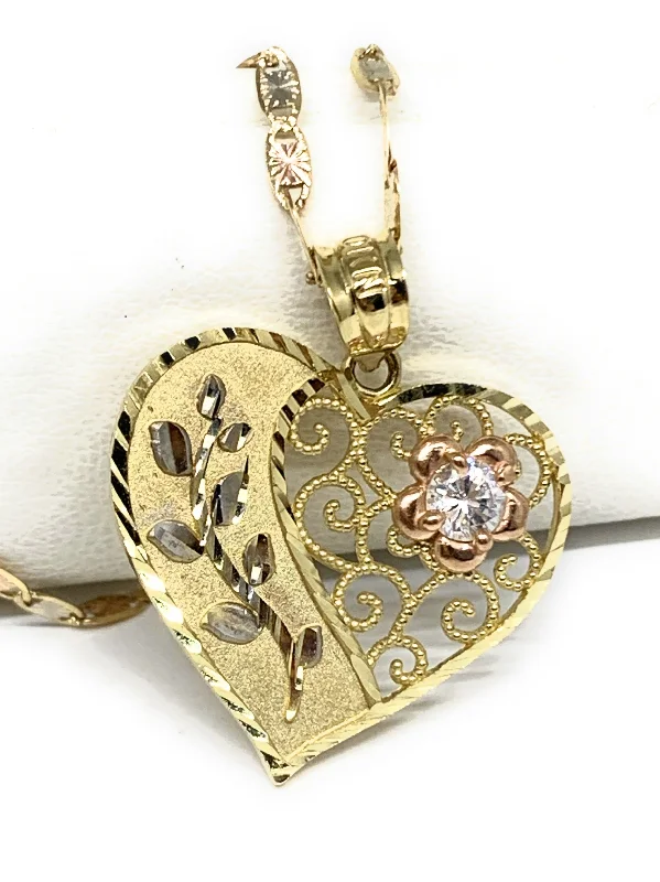 10k Solid Gold Tri-Color Flower CZ Heart Pendant Necklace Chain