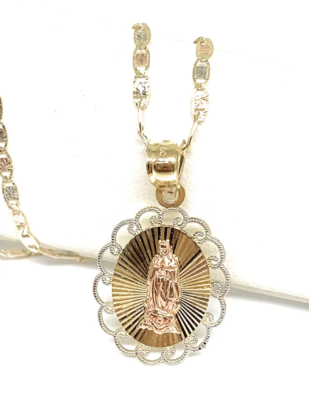 10k Solid Gold Tri-Color Virrgin Mary Layered Pendant Necklace Virrgen Gaudalupe Valentina Chain