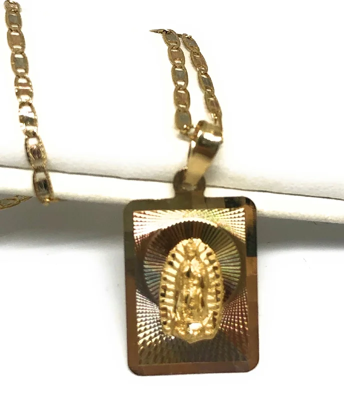 10k Solid Gold Tri-Color Virrgin Mary Square Pendant Necklace Virrgen Gaudalupe Chain (MED, SM) (MADE IN MX)