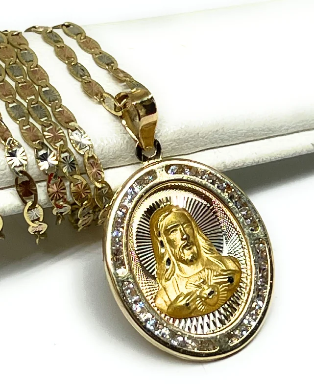 10k Solid Gold Yellow Gold Jesus Sagrado Corazon CZ Pendant Necklace Valentina Chain (MADE IN MX)