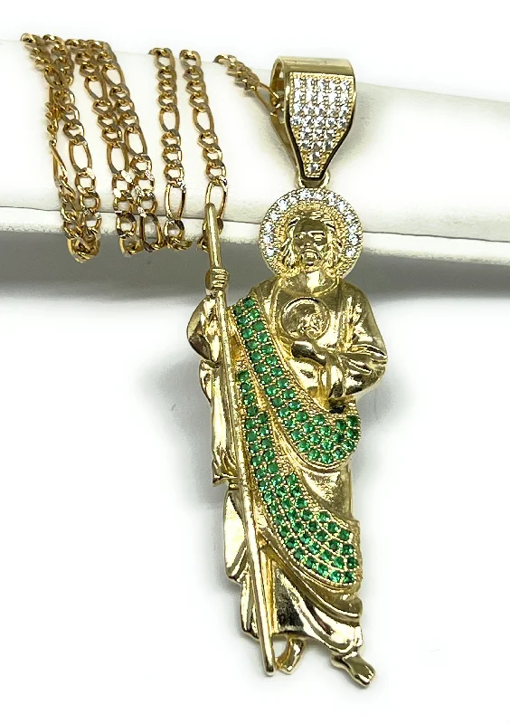 10k Solid Gold Yellow Green, White CZ Saan Judas Saaint Jude Pendant Figaro Chain  (XL, LG, MED)