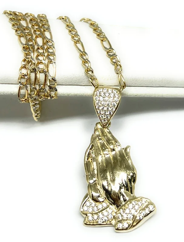 10k Solid Gold Yellow Praying Hands CZ Pendant Necklace