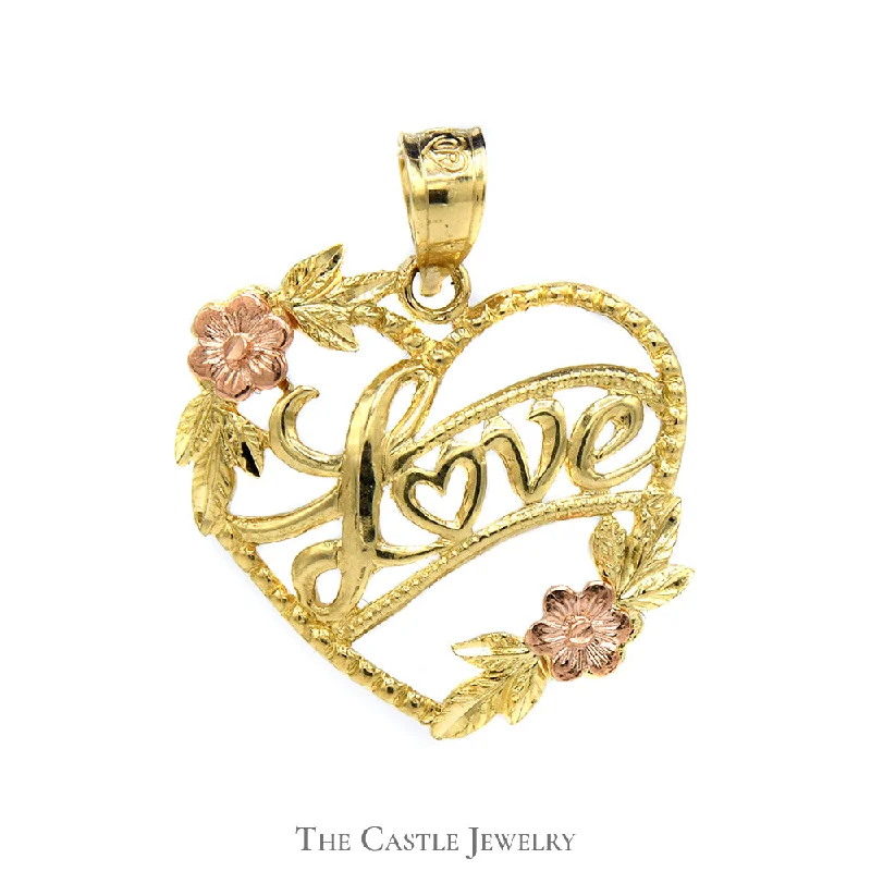 rose gold anklet chain 10k Two Tone Yellow Gold Heart Shaped "Love" Pendant with Rose Gold Flower Accents