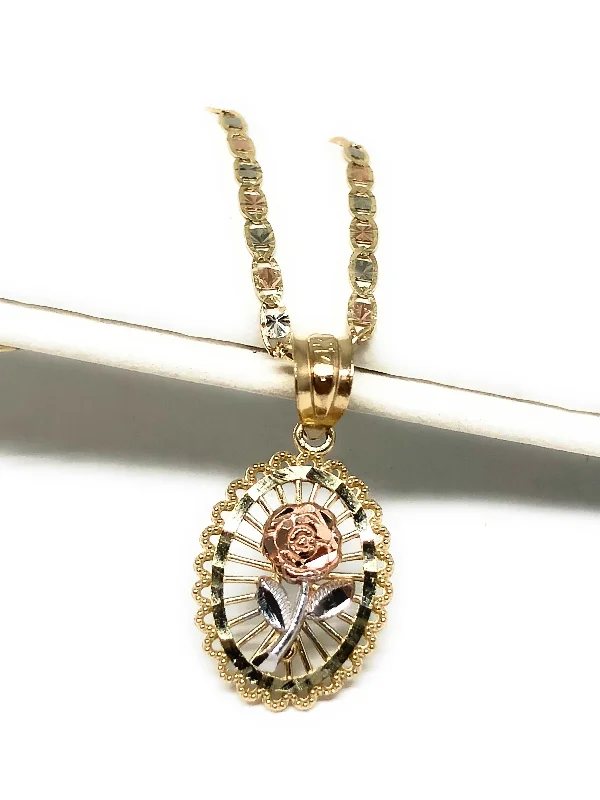 14k Solid Gold Tri-Color Flower Pendant Necklace Tri-Color Valentina Chain