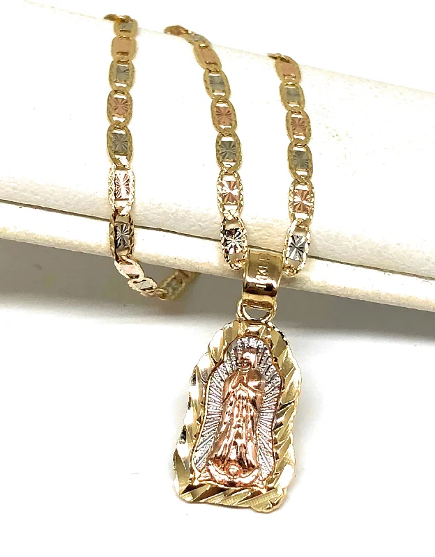 14k Solid Gold Tri-Color Virrgin Mary Pendant Virrgen Guadalupe Tri-Color Valentina Chain 1.9mm