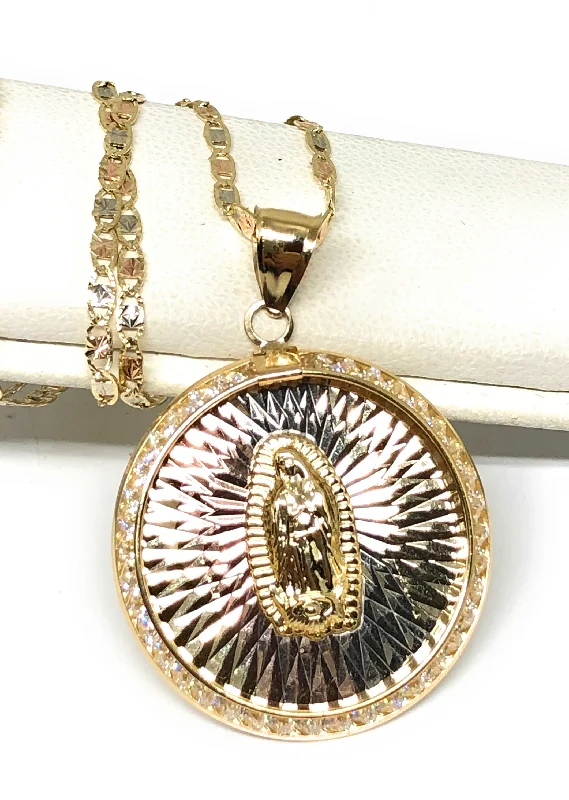 14k Solid Gold Tri-Color Virrgin Mary Round Pendant Virrgen Guadalupe Valentina Chain (LG)