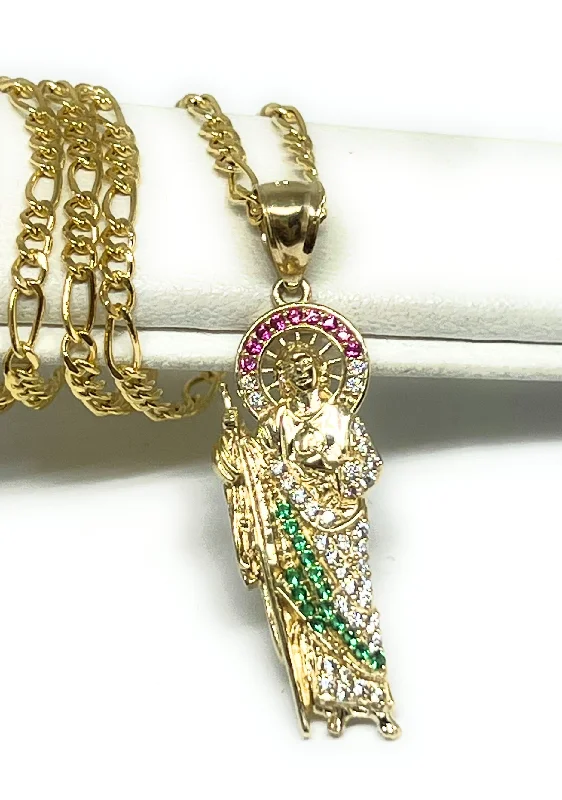 14k Solid Gold Yellow White, Green, Red CZ Saan Judas Saaint Jude Necklace Pendant