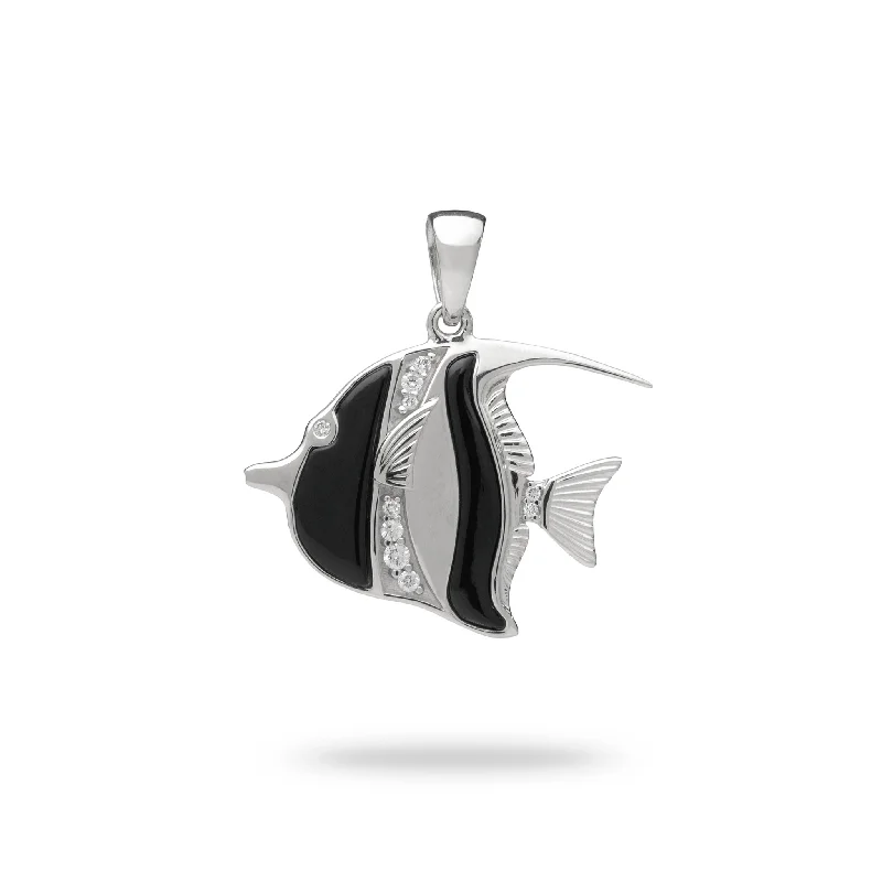 Sealife Angelfish Black Coral Pendant in White Gold with Diamonds - 23mm