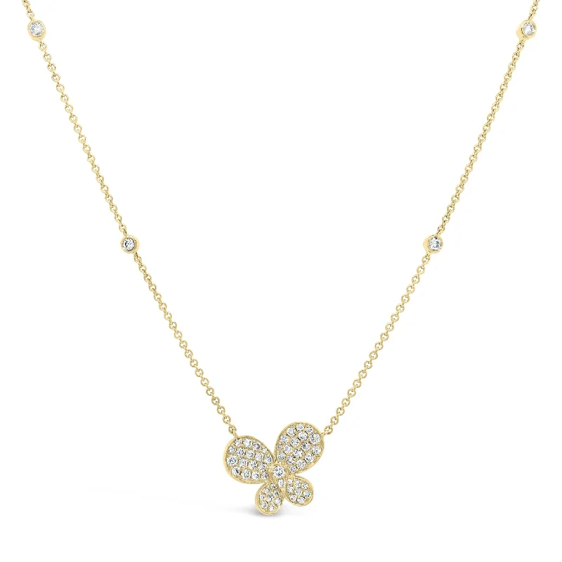 Diamond Butterfly Pendant Necklace with Diamond Bezels