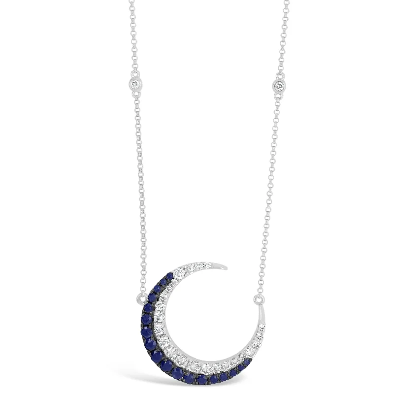 Sapphire & Diamond Crescent Moon Pendant Necklace