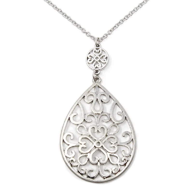 Filigree Teardrop Long Neck Rhodium Pl