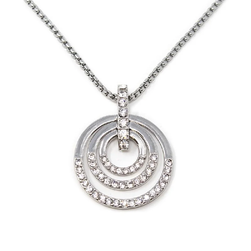 Rhodium Plated Necklace with Pave Open Circle Pendant