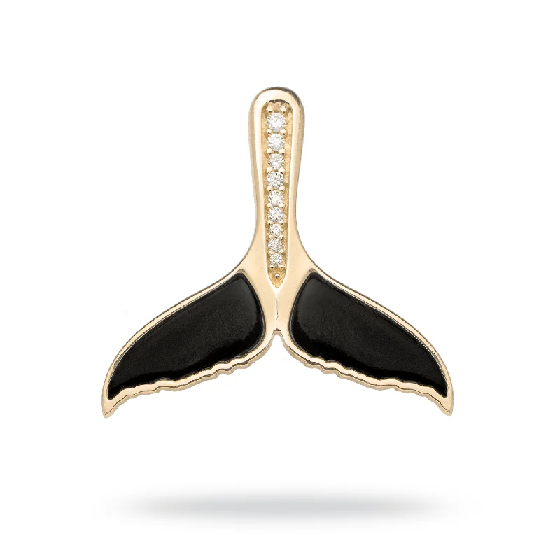 Sealife Whale Tail Black Coral Pendant in Gold with Diamonds - 22mm