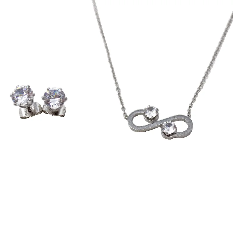 Stainless Steel CZ Infinity Neck Earrings Set