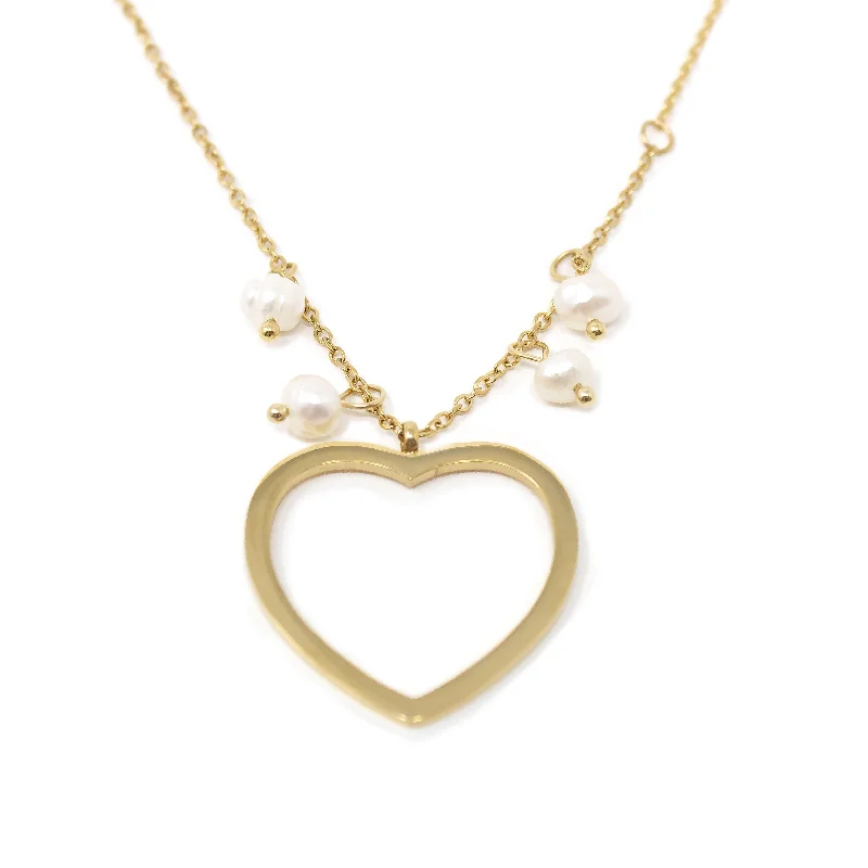 Stainless Steel Outline Heart with Pearls Gold Plated Necklace