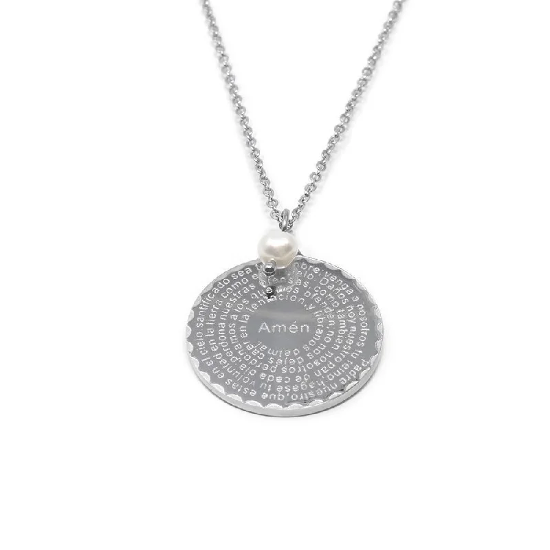 Stainless Steel Pearl Prayer Disc Necklace