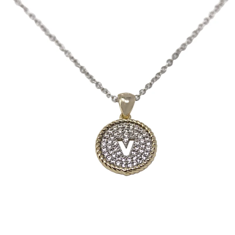 Two Tone Necklace Round Pave Initial - V