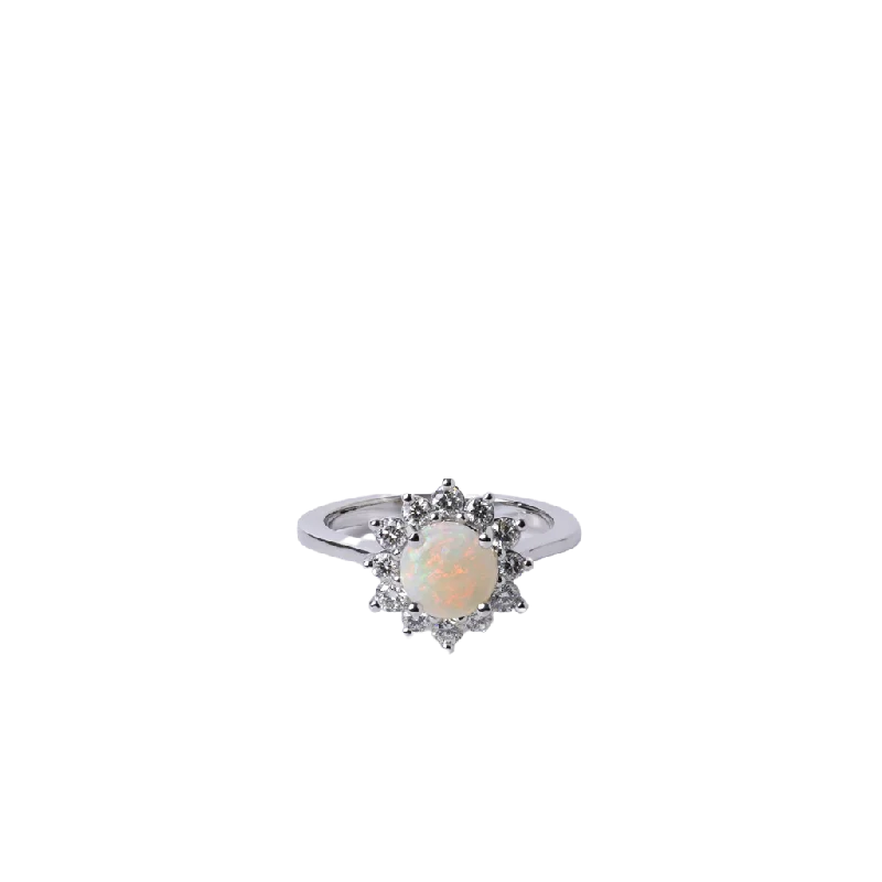 14k White Gold Opal and Diamond Halo Ring