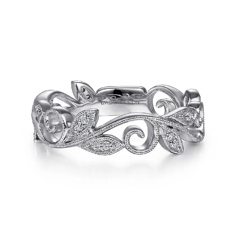 Gabriel & Co. 14k White Gold Scrolling Floral Diamond Stackable Ring