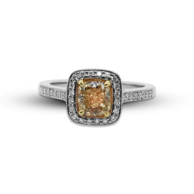 18k White Gold Diamond Ring With Yellow Diamond Center