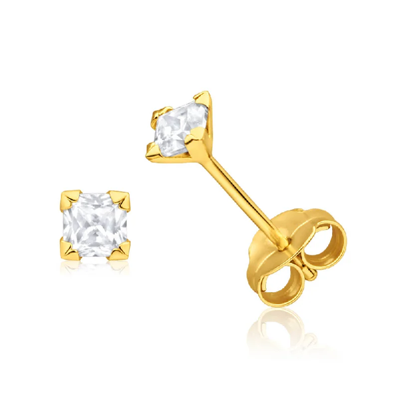 classic pearl bridal earrings 9ct Yellow Gold Cubic Zirconia 3mm Princess Cut Stud Earrings