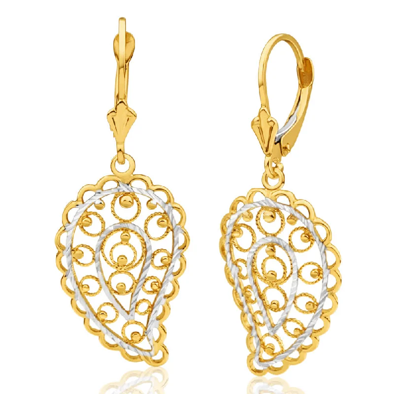 delicate chain necklace gold 9ct Yellow Gold & White Gold Drop Earrings Filigree Leaf Design