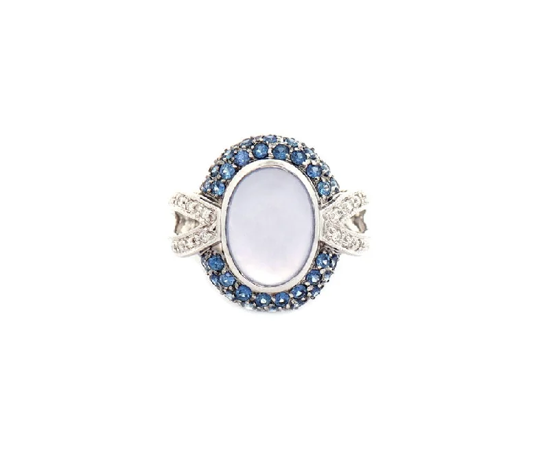 Chalcedony Cabochon Sapphire and 0.10ctw Diamond Frame Ring in 14K