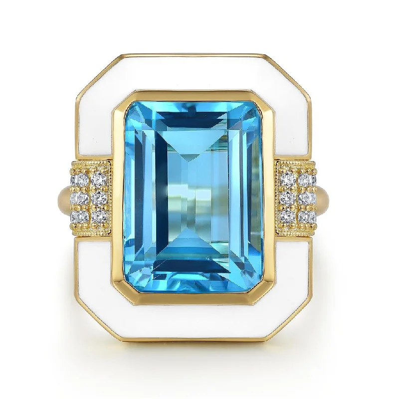 Gabriel & Co. 14K Yellow Gold Diamond and Emerald Cut Blue Topaz Fashion Ring