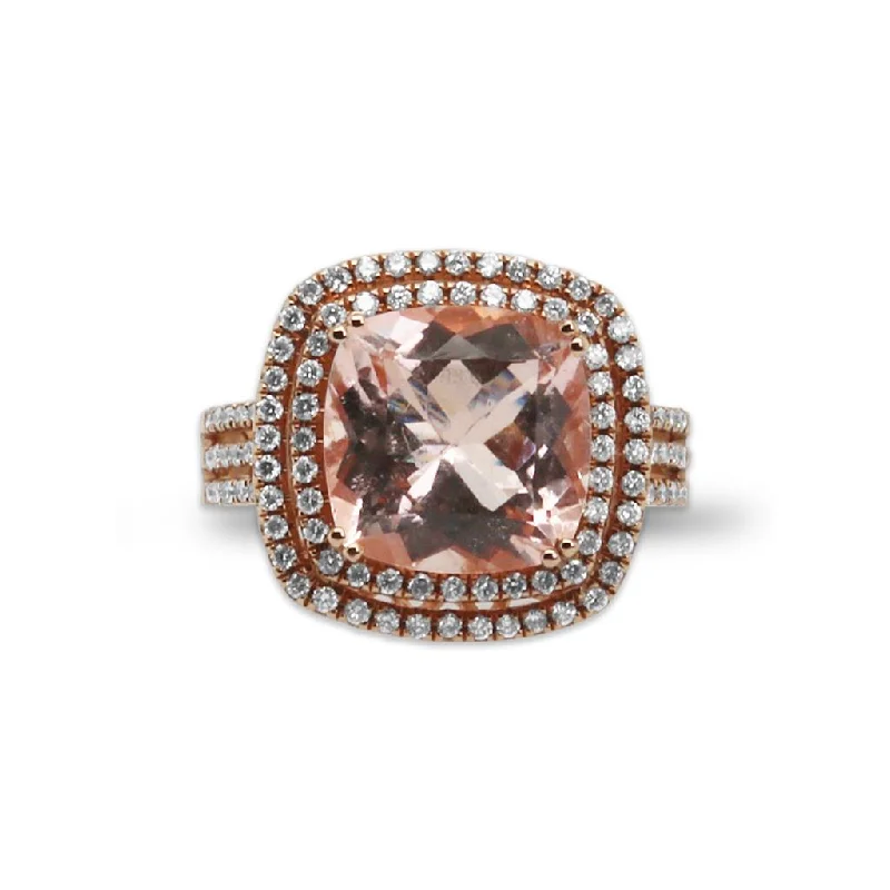 18k Rose Gold Morganite & Double Diamond Halo Ring