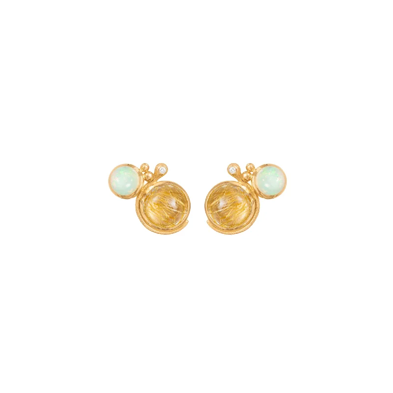 Lotus 18K Gold Studs w. Opal, Rutile Quartz & Diamond