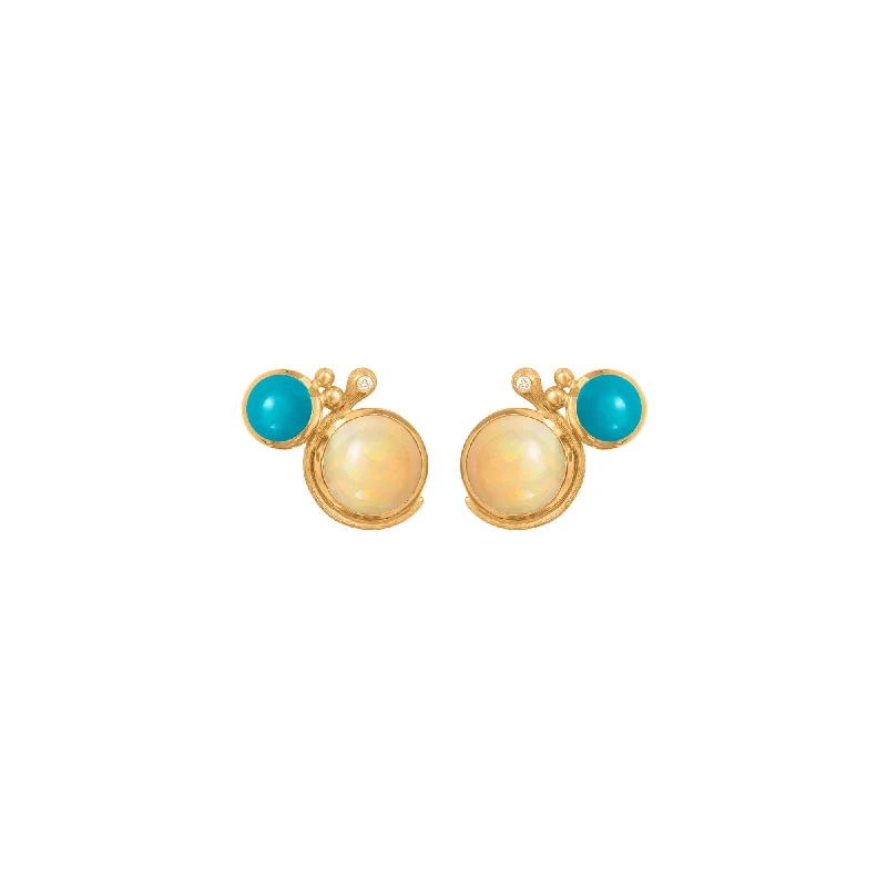 Lotus 18K Gold Studs w. Turquoise, Opal & Diamond