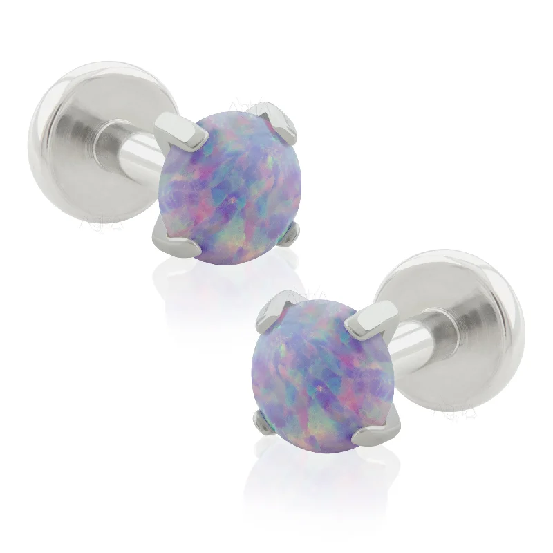 crystal drop earrings elegant Pair, 16g Implant Grade Titanium, Internal Threaded Labret Small & Big Back with Prong-set Flat Synthetic Light Purple Opal //earring set for lobes
