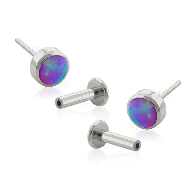 classic cubic zirconia pendant Pair, 16g Implant Grade Titanium Threadless Labret with Flat Bezel Setting, Dark Purple Synthetic Opal (Top and Bottom)//Cartilage and earlobe jewelry