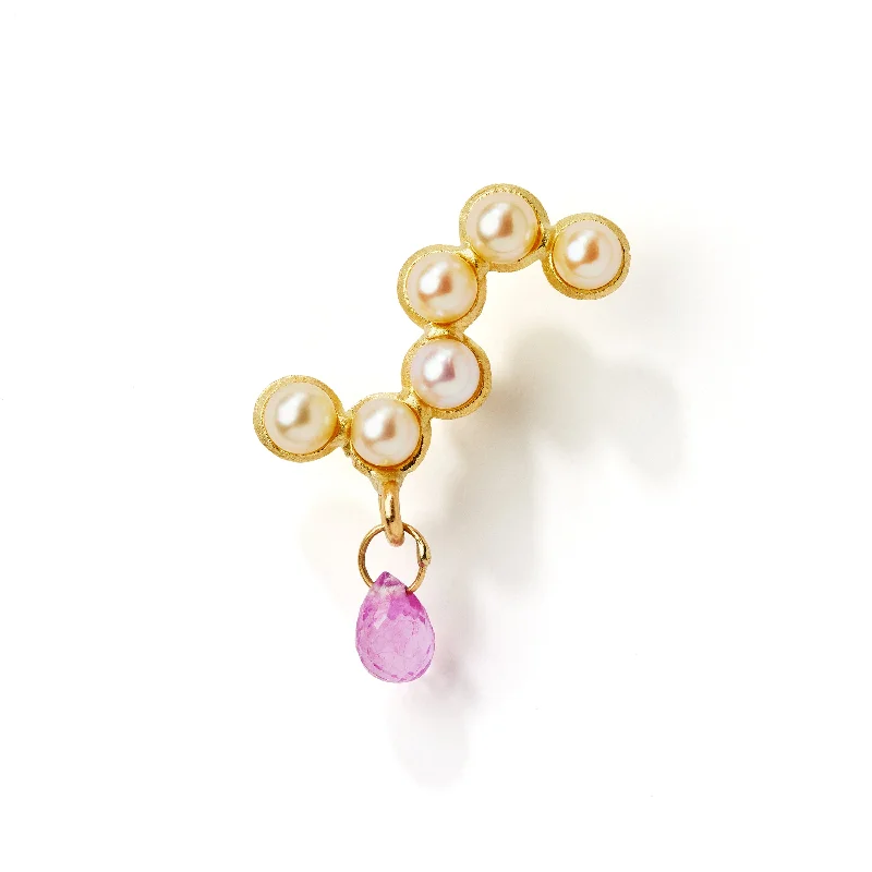 ethical lab-grown diamond ring Fine Curves 18K Gold Stud w. Pearls & pink Sapphire