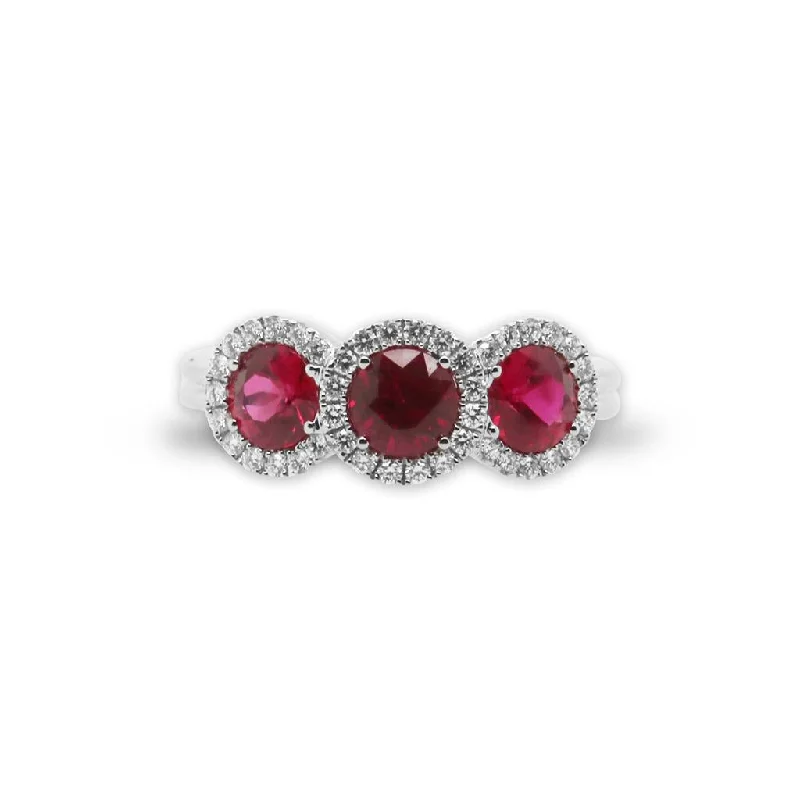 18k White Gold Three Stone Ruby & Diamond Halo Ring