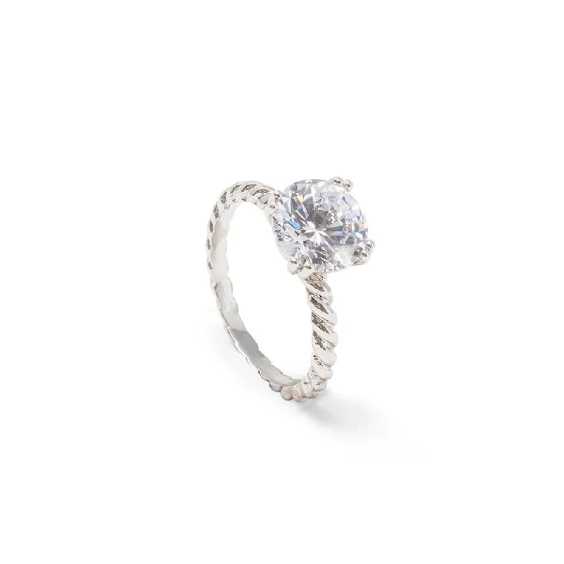 Twisted Cable Solitaire Ring w/ CZ Silver Tone