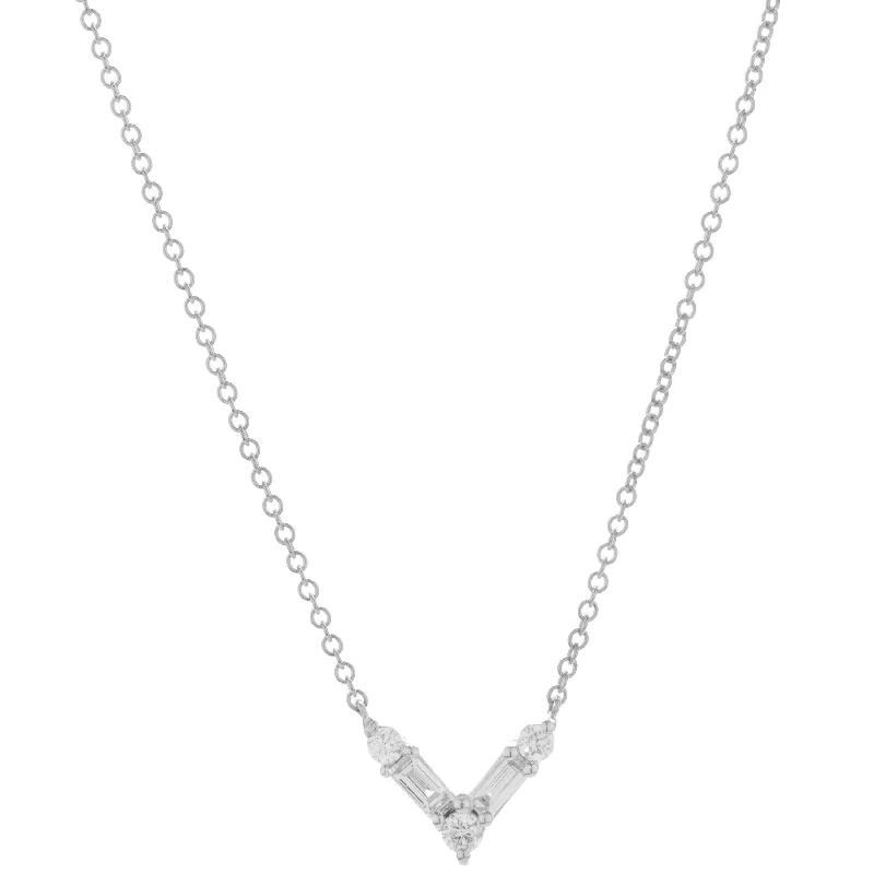 14 Karat White Gold Round and Baguette Cut Diamond V Necklace