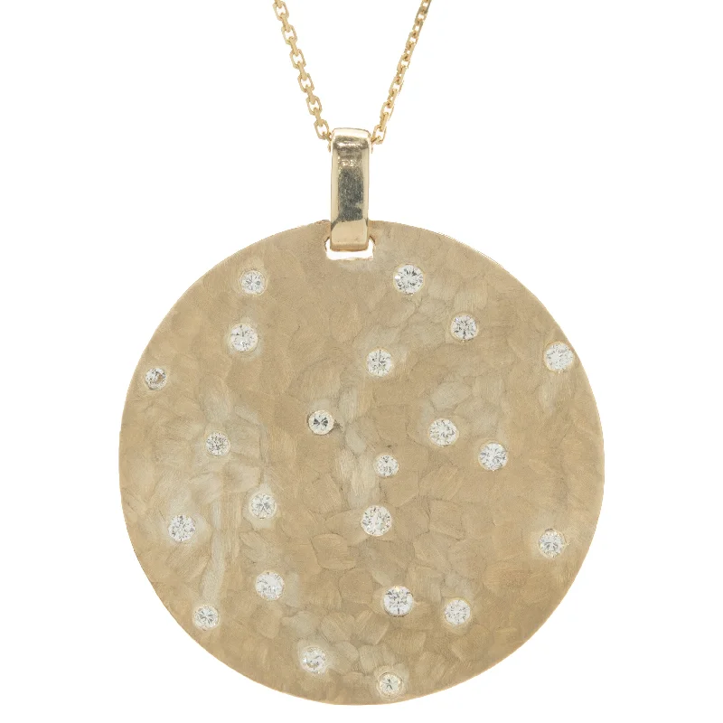 14 Karat Yellow Gold Hammered Diamond Sprinkle Disc Pendant