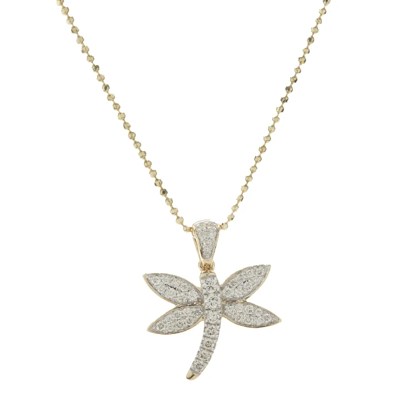 14 Karat Yellow Gold Pave Diamond Dragonfly Necklace