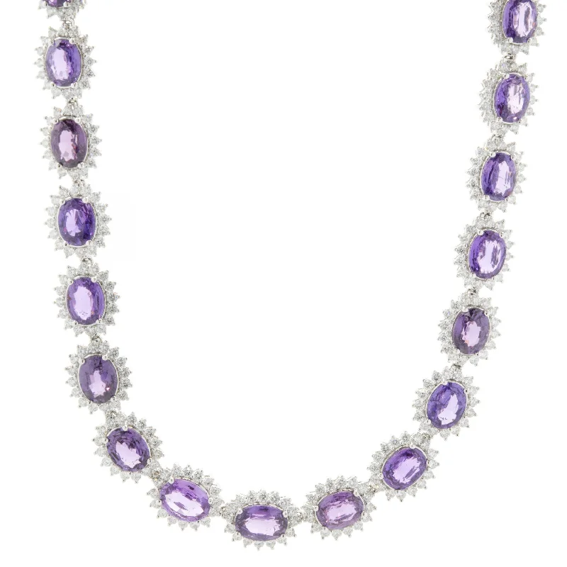 18 Karat White Gold No Heat Purple Sapphire and Diamond Halo Necklace