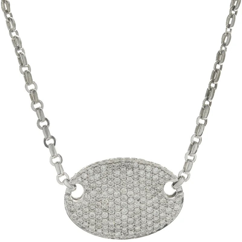 18 Karat White Gold Pave Diamond Oval Disc Necklace