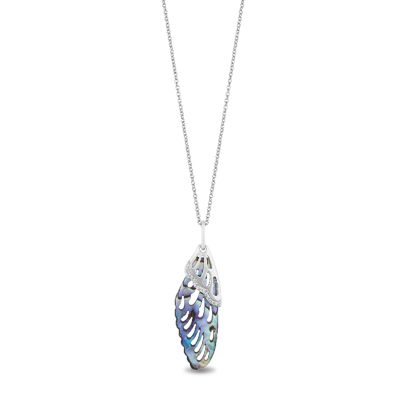 Hallmark Fine Jewelry Butterfly Wing Pendant in Aurora Borealis Blue Carved Mother of Pearl and Sterling Silver with Diamonds