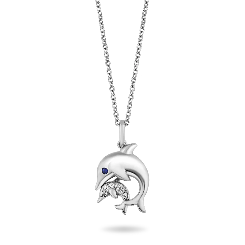 Hallmark Fine Jewelry Dolphin Mama & Baby Pendant in Sterling Silver with Blue & White Diamonds