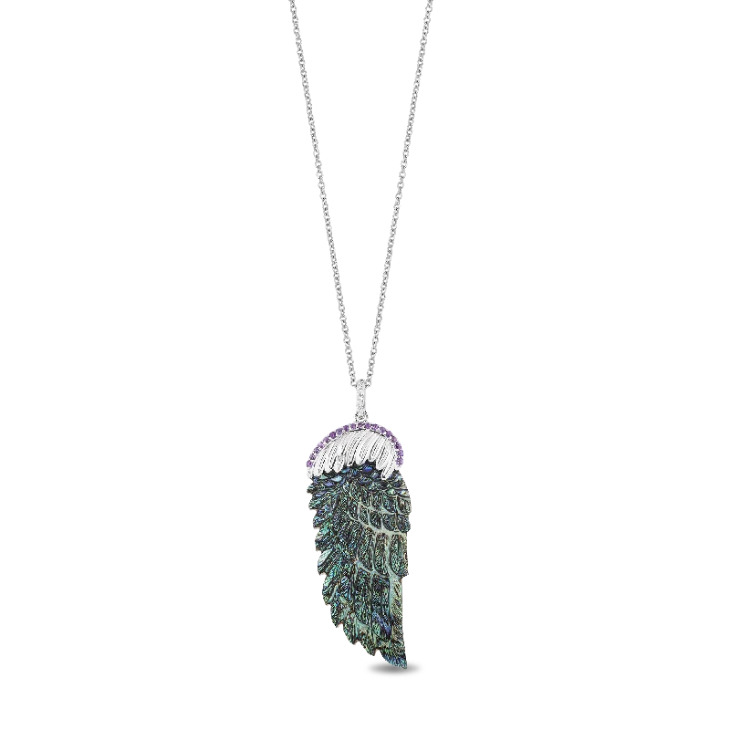 Hallmark Fine Jewelry Fine Feathers Pendant in Sky Blue Carved Mother of Pearl and Sterling Silver with Diamonds and Amethyst