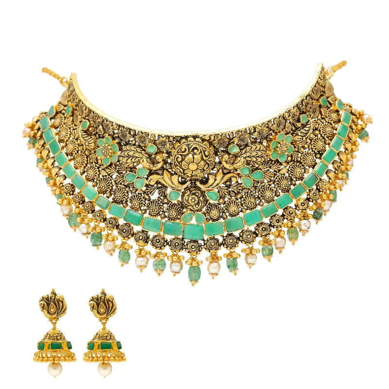 personalized pet photo necklace 22K Antique Gold Choker Set with Emeralds & Pearls (90.4 grams)