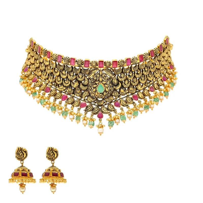 minimalist black pearl necklace 22K Antique Gold Choker Set with Gemstones & Pearls (80.9 grams)