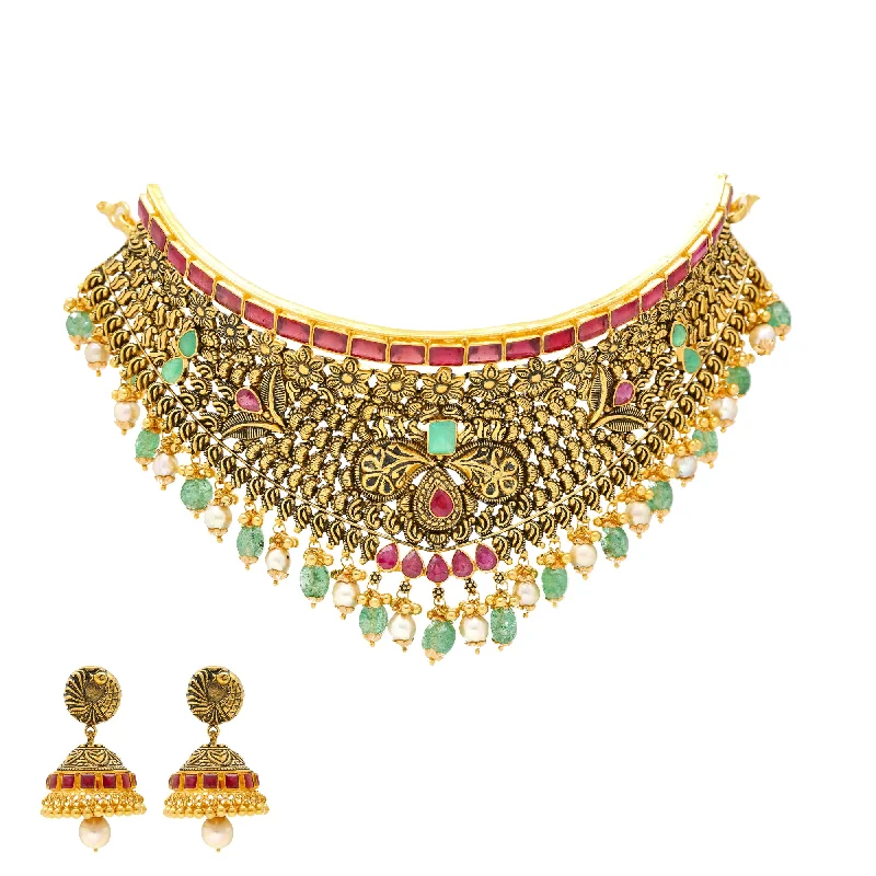 simple snake chain necklace 22K Antique Gold Choker Set with Gemstones & Pearls (87.1 grams) simple snake chain necklace 22K Antique Gold Choker Set with Gemstones & Pearls (87.1 grams)