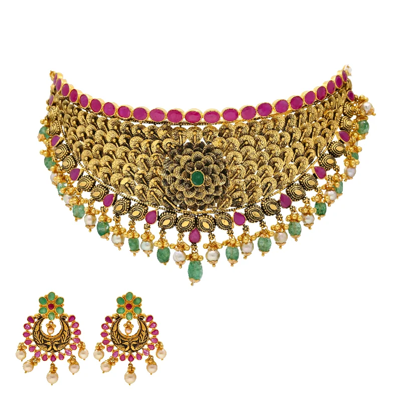 gold moonstone cocktail ring 22K Antique Gold Choker Set with Gemstones & Pearls (92.2 grams)
