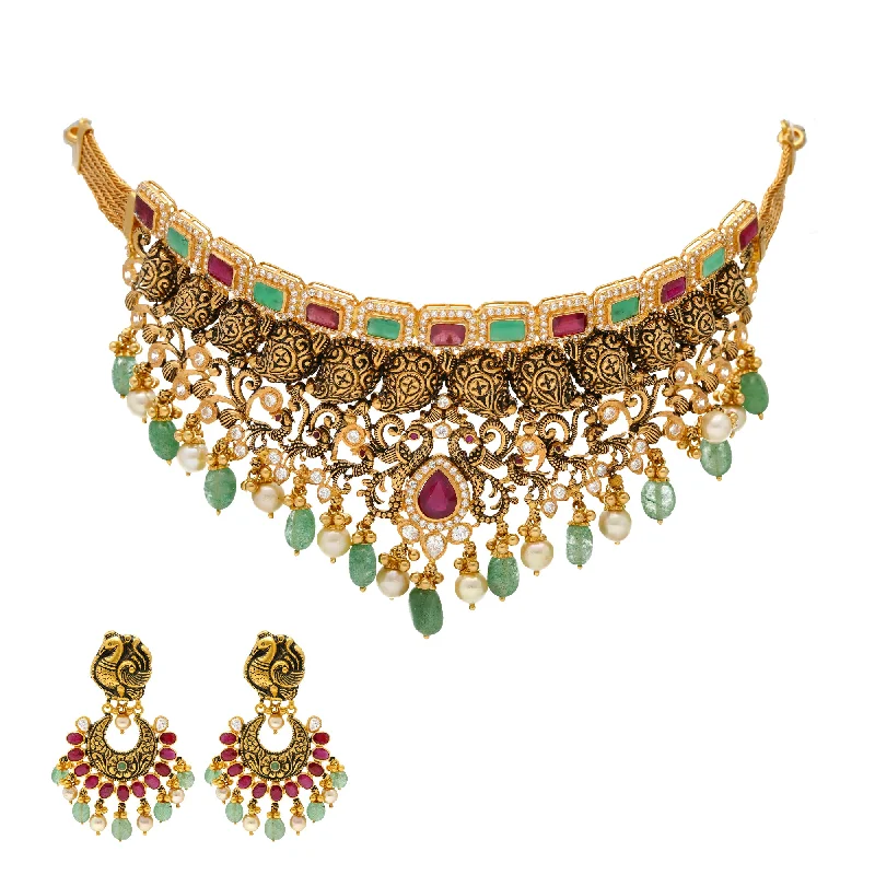 dainty ruby stacking rings 22K Antique Gold Choker Set with Gemstones & Pearls (98 grams)